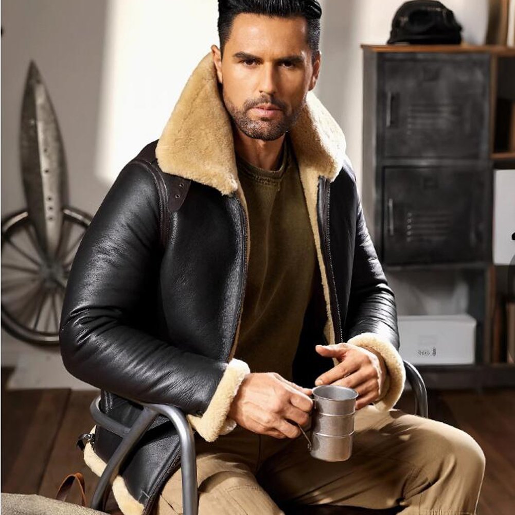 Denny&Dora Men's Shearling Jacket B6 Sheepskin Coat Bomber Air